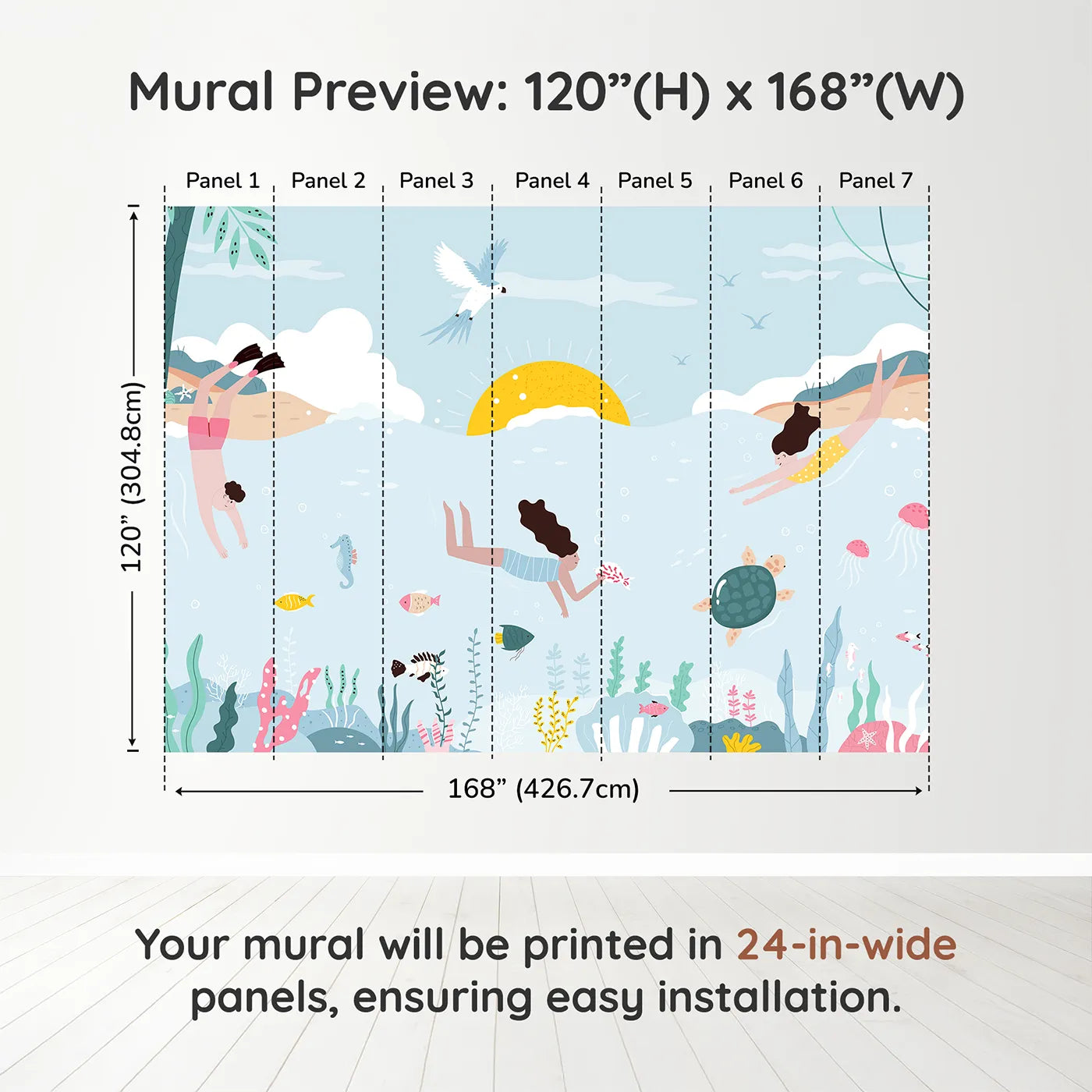 Whimsy Tots Summer Swim Wall Muraldimension view (120" H x 168" W). Printed in seven 24-inch-wide panels. Gender-Neutral