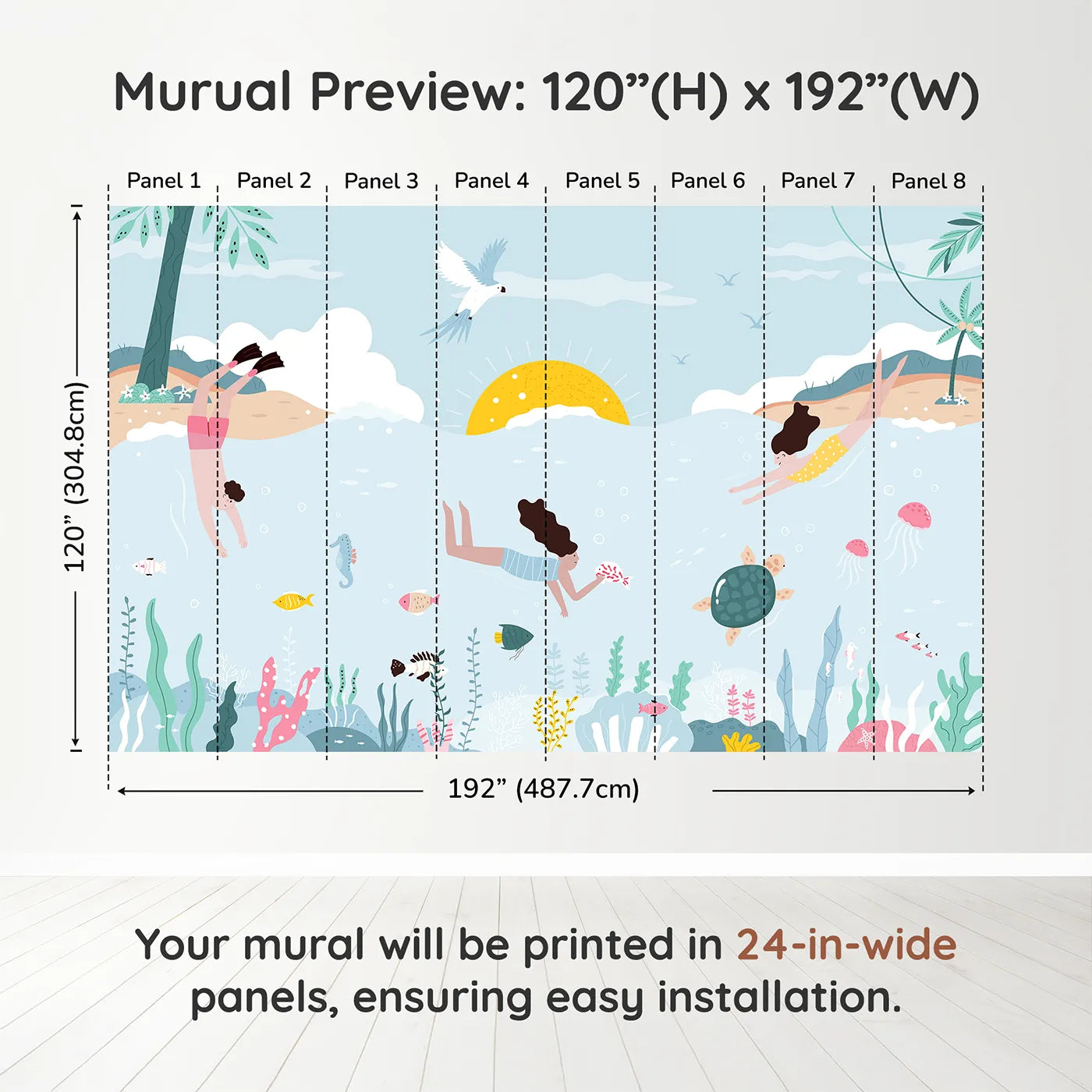 Whimsy Tots Summer Swim Wall Muraldimension view (120" H x 192" W). Printed in eight 24-inch-wide panels. Gender-Neutral