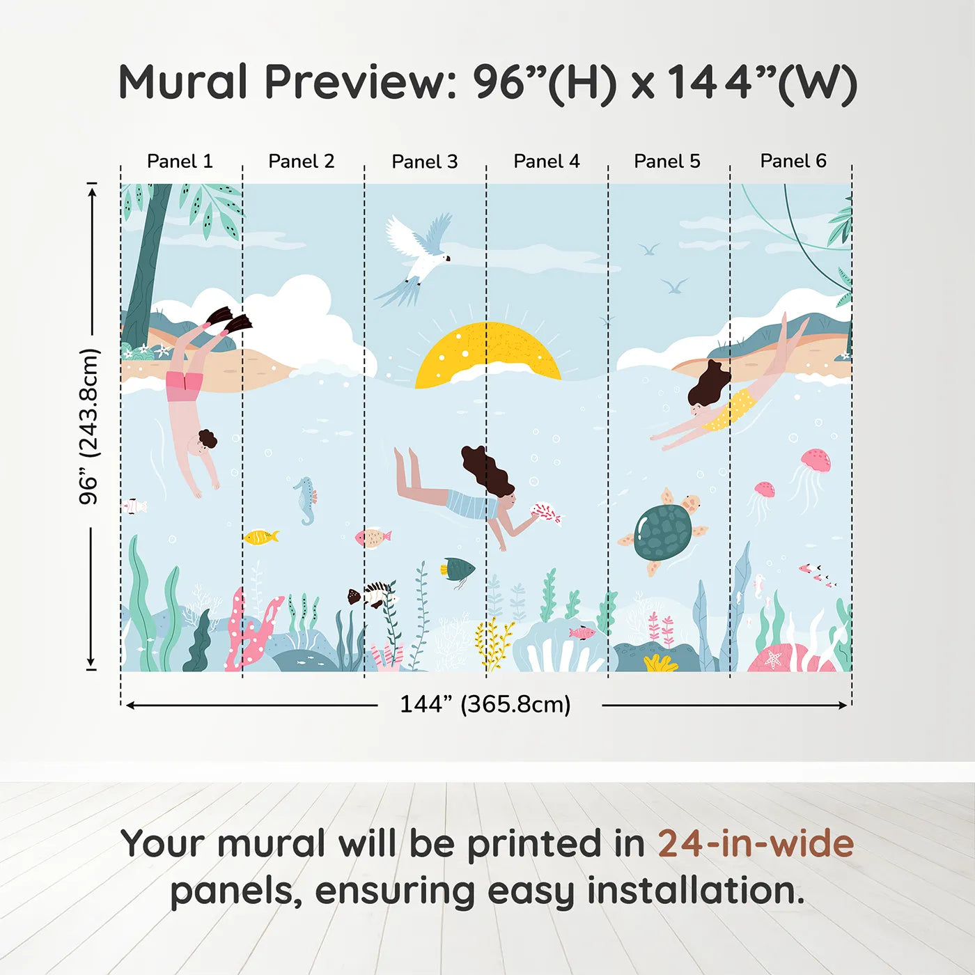 Whimsy Tots Summer Swim Wall Muraldimension view (96" H x 144" W). Printed in six 24-inch-wide panels. Gender-Neutral