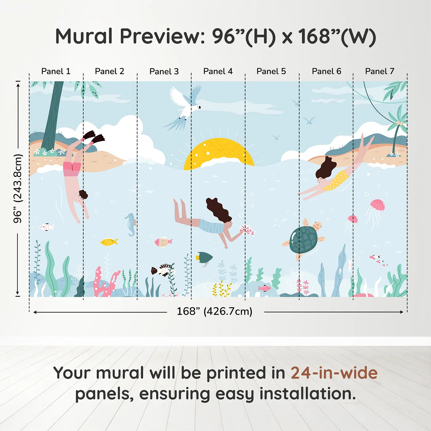 Whimsy Tots Summer Swim Wall Muraldimension view (96" H x 168" W). Printed in seven 24-inch-wide panels. Gender-Neutral