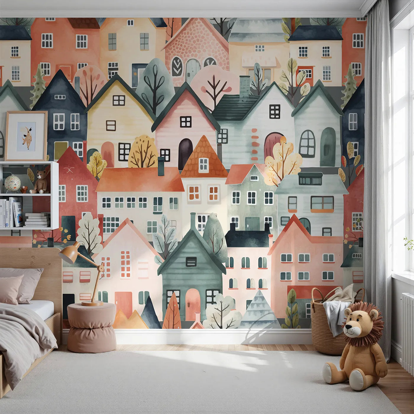 Front view of Whimsy Tots' Watercolor Townhouse Wall Mural