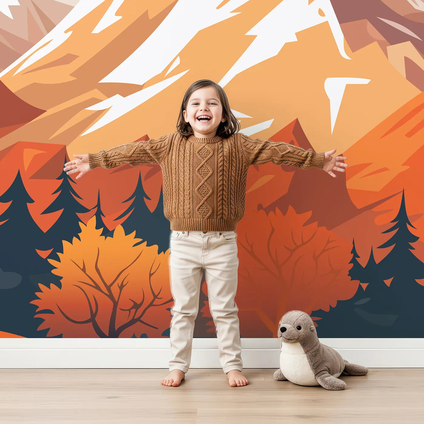 Child in front of Whimsy Tots Autumn Mountain Peak Wall Mural with mountain, autumn, landscape, orange, forest, peak, graphic, modern in design.