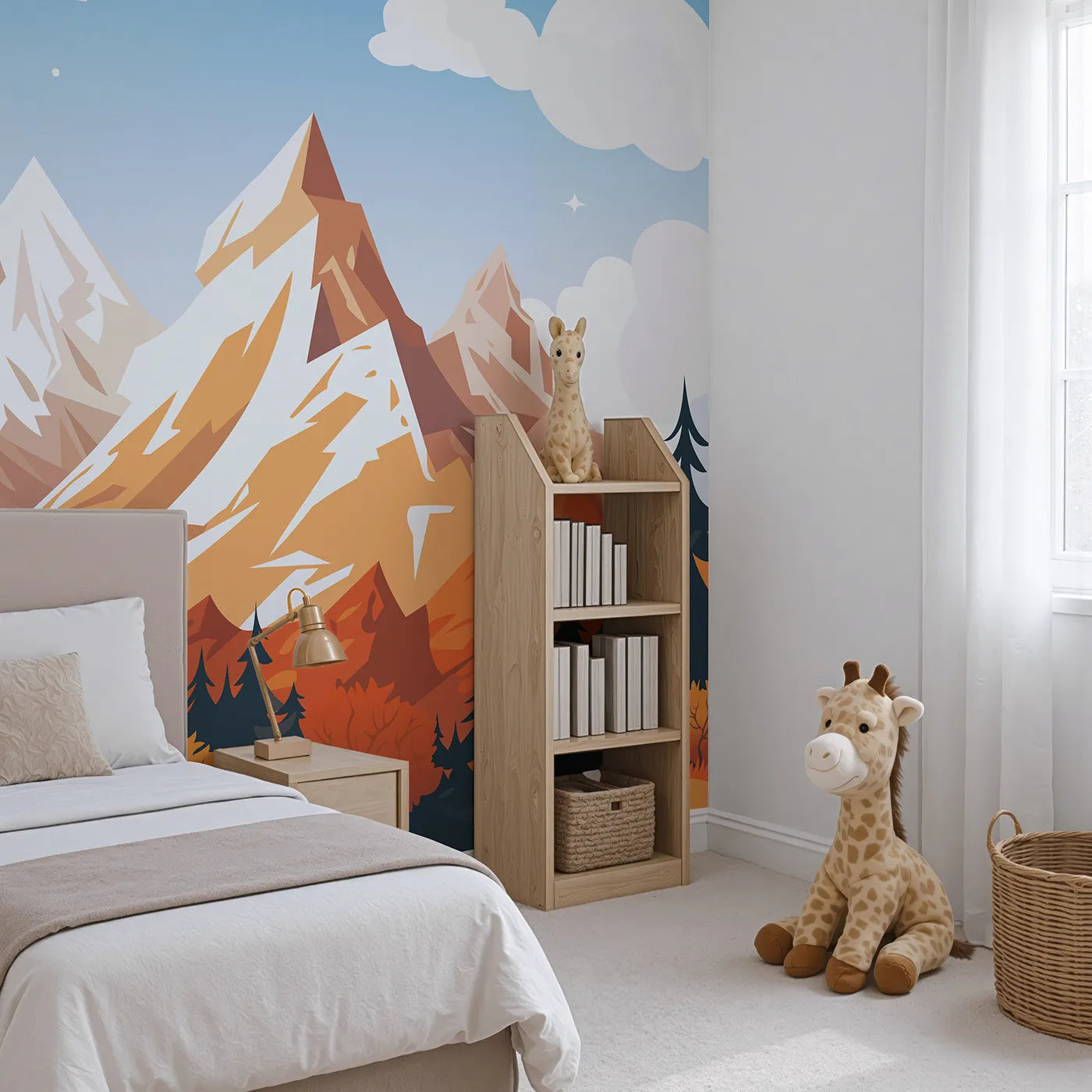 Angled view of Whimsy Tots' Autumn Mountain Peak Wall Mural (Turn Their Room into a Grand and Colorful Vista).Gender-Neutral