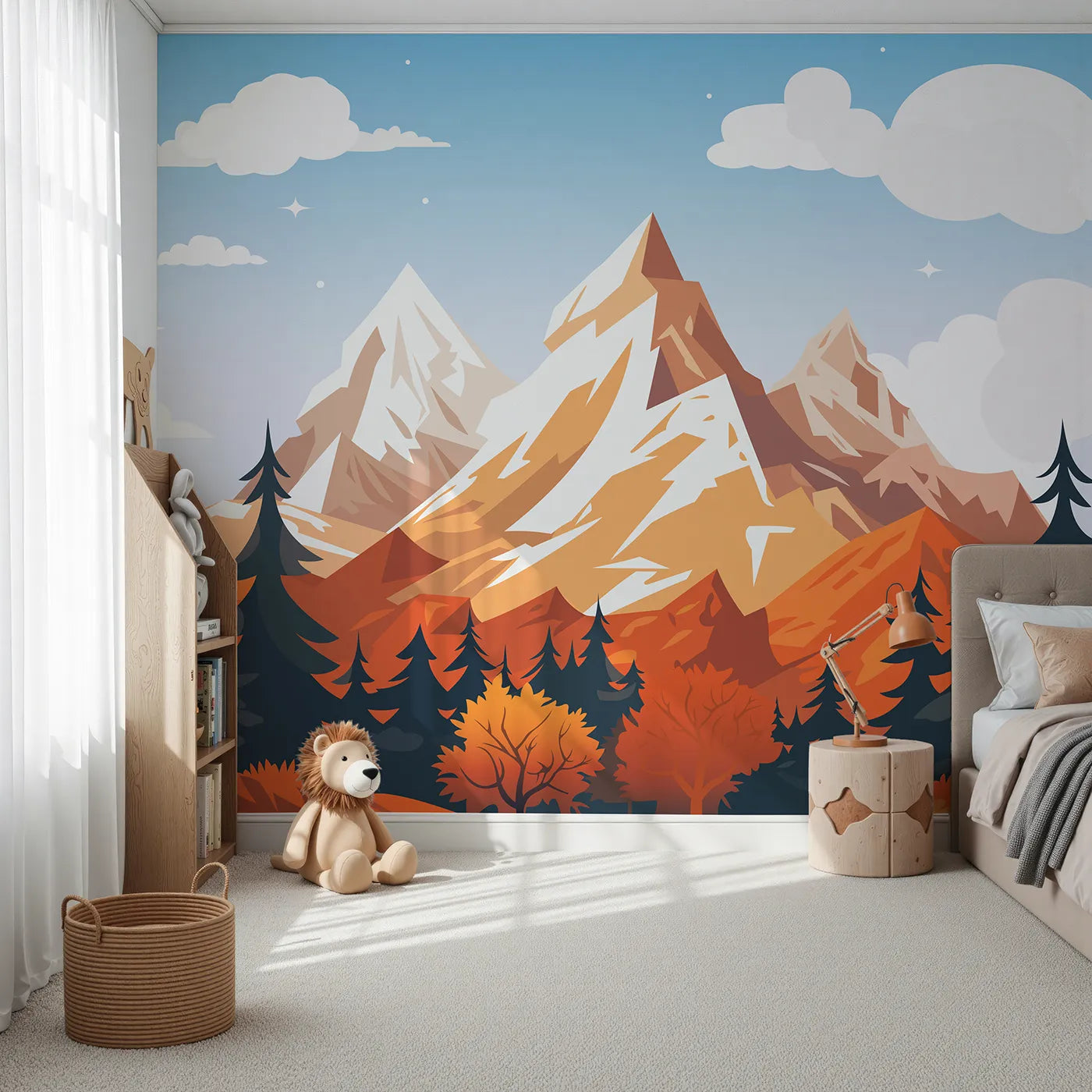 Front view of Whimsy Tots' Autumn Mountain Peak Wall Mural