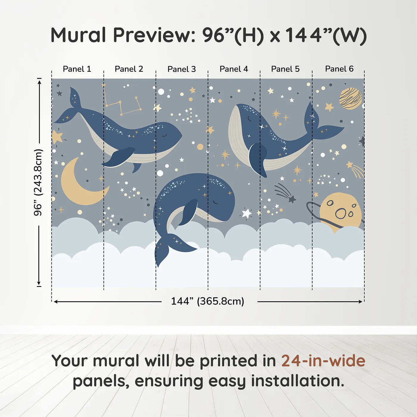 Whimsy Tots Cosmic Whale Constellations Wall Muraldimension view (96" H x 144" W). Printed in six 24-inch-wide panels. Gender-Neutral