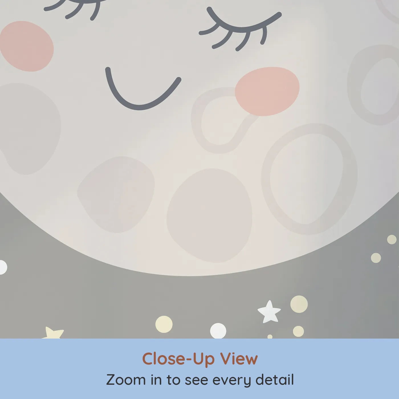 Close-up view of Whimsy Tots' Sleepy Moon and Stars Wall Mural (Turn Their Room into the Coziest, Starriest Dreamland).Gender-Neutral