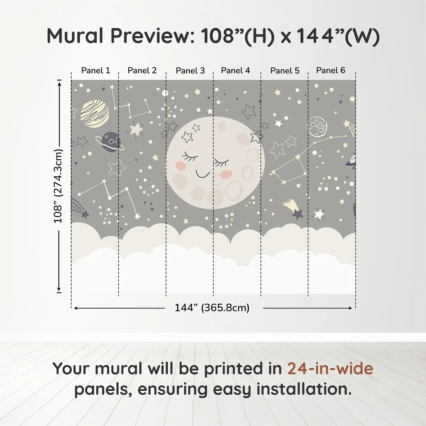 Whimsy Tots Sleepy Moon and Stars Wall Muraldimension view (108" H x 144" W). Printed in six 24-inch-wide panels. Gender-Neutral