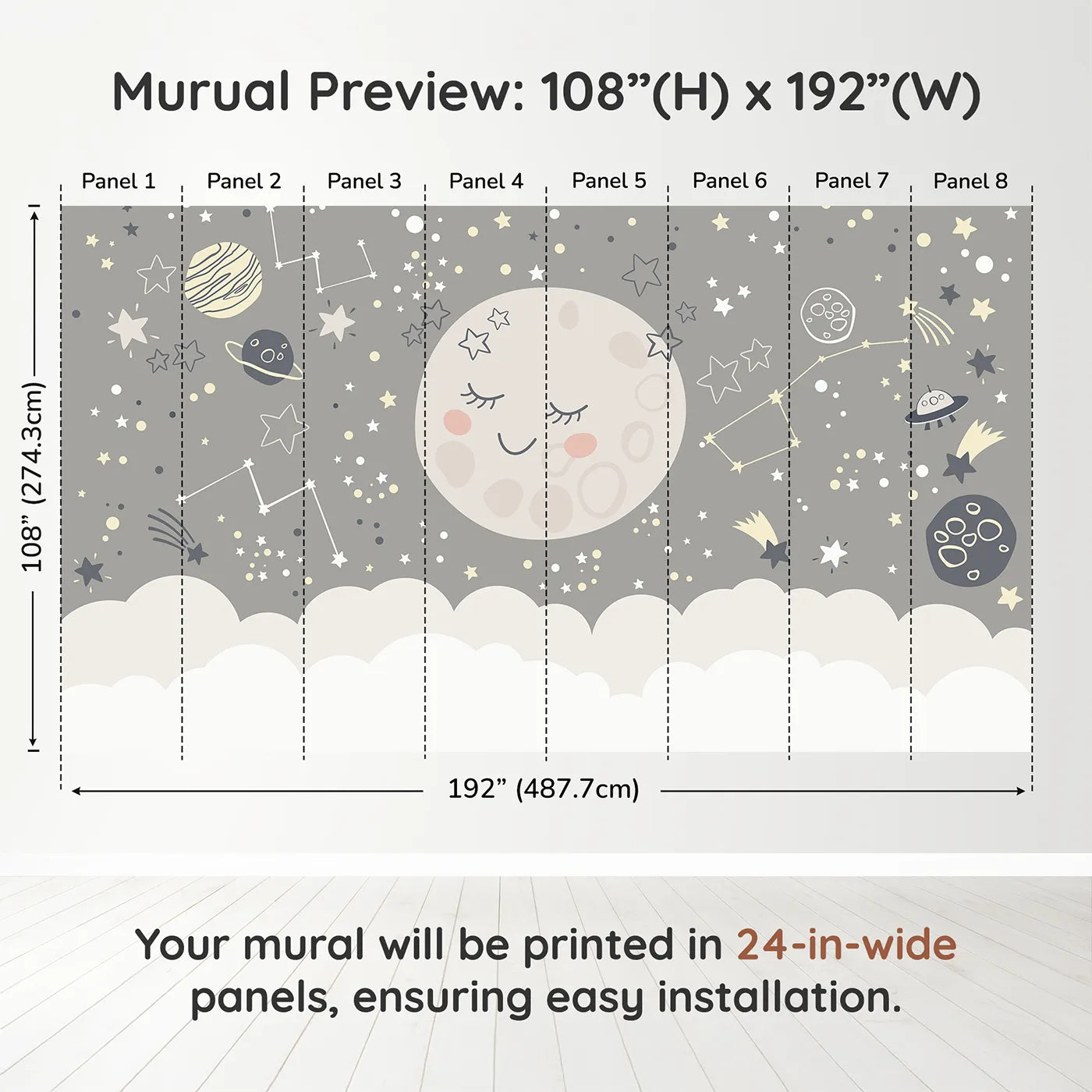 Whimsy Tots Sleepy Moon and Stars Wall Muraldimension view (108" H x 192" W). Printed in eight 24-inch-wide panels. Gender-Neutral
