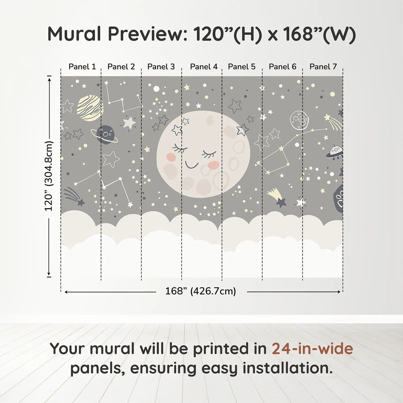 Whimsy Tots Sleepy Moon and Stars Wall Muraldimension view (120" H x 168" W). Printed in seven 24-inch-wide panels. Gender-Neutral