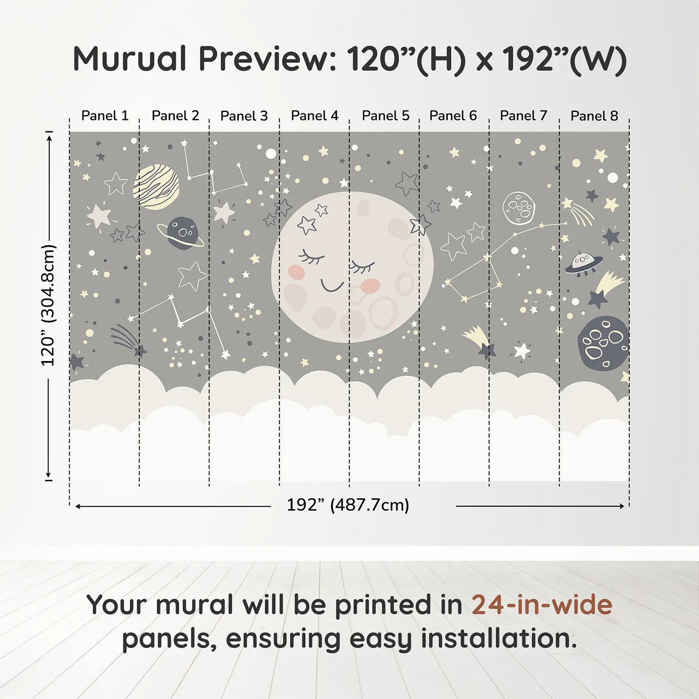 Whimsy Tots Sleepy Moon and Stars Wall Muraldimension view (120" H x 192" W). Printed in eight 24-inch-wide panels. Gender-Neutral