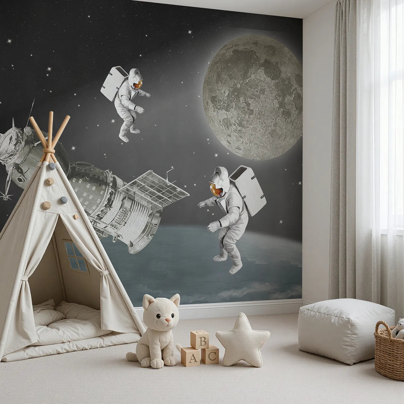 Angled view of Whimsy Tots' Vintage Space Walk Wall Mural (Turn Their Room into an Epic, Old-School Space Mission).Gender-Neutral
