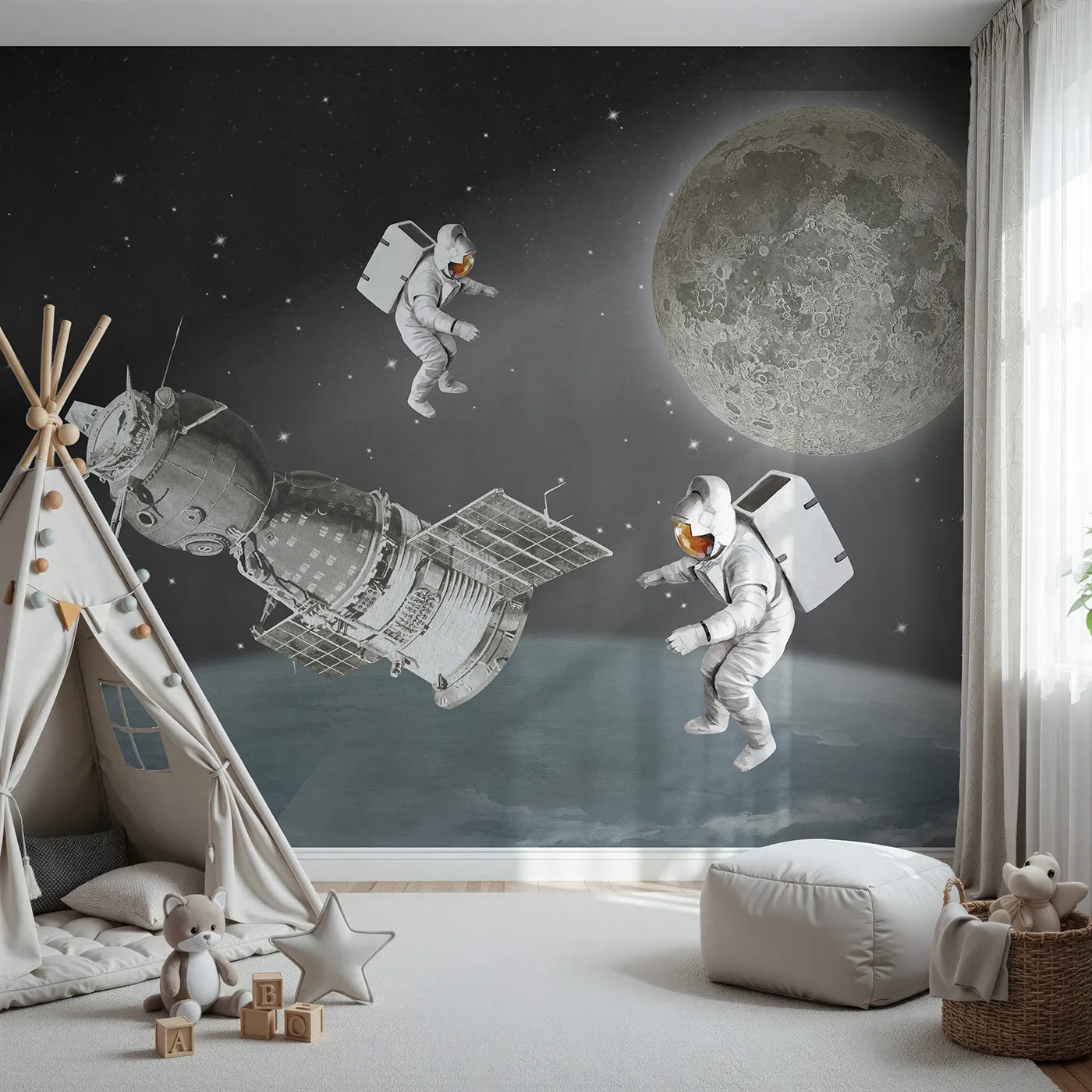 Front view of Whimsy Tots' Vintage Space Walk Wall Mural