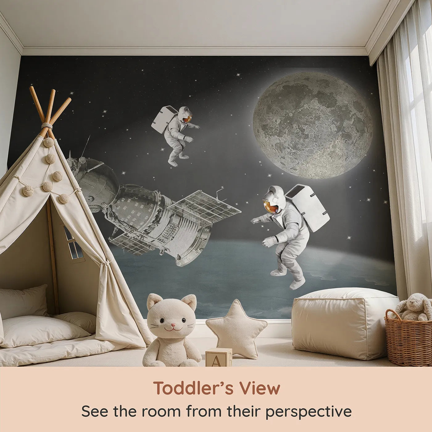 Whimsy Tots Vintage Space Walk Wall Mural (Turn Their Room into an Epic, Old-School Space Mission) from your child's view.Gender-Neutral