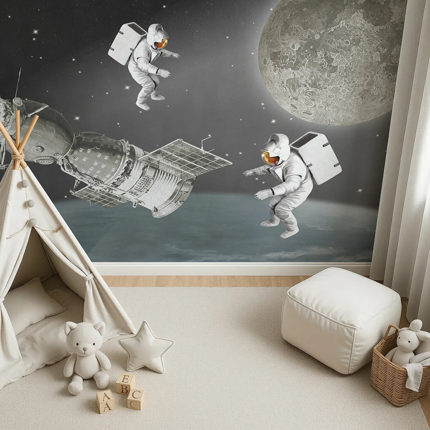 Top-down view of Whimsy Tots' Vintage Space Walk Wall Mural (Turn Their Room into an Epic, Old-School Space Mission).Gender-Neutral