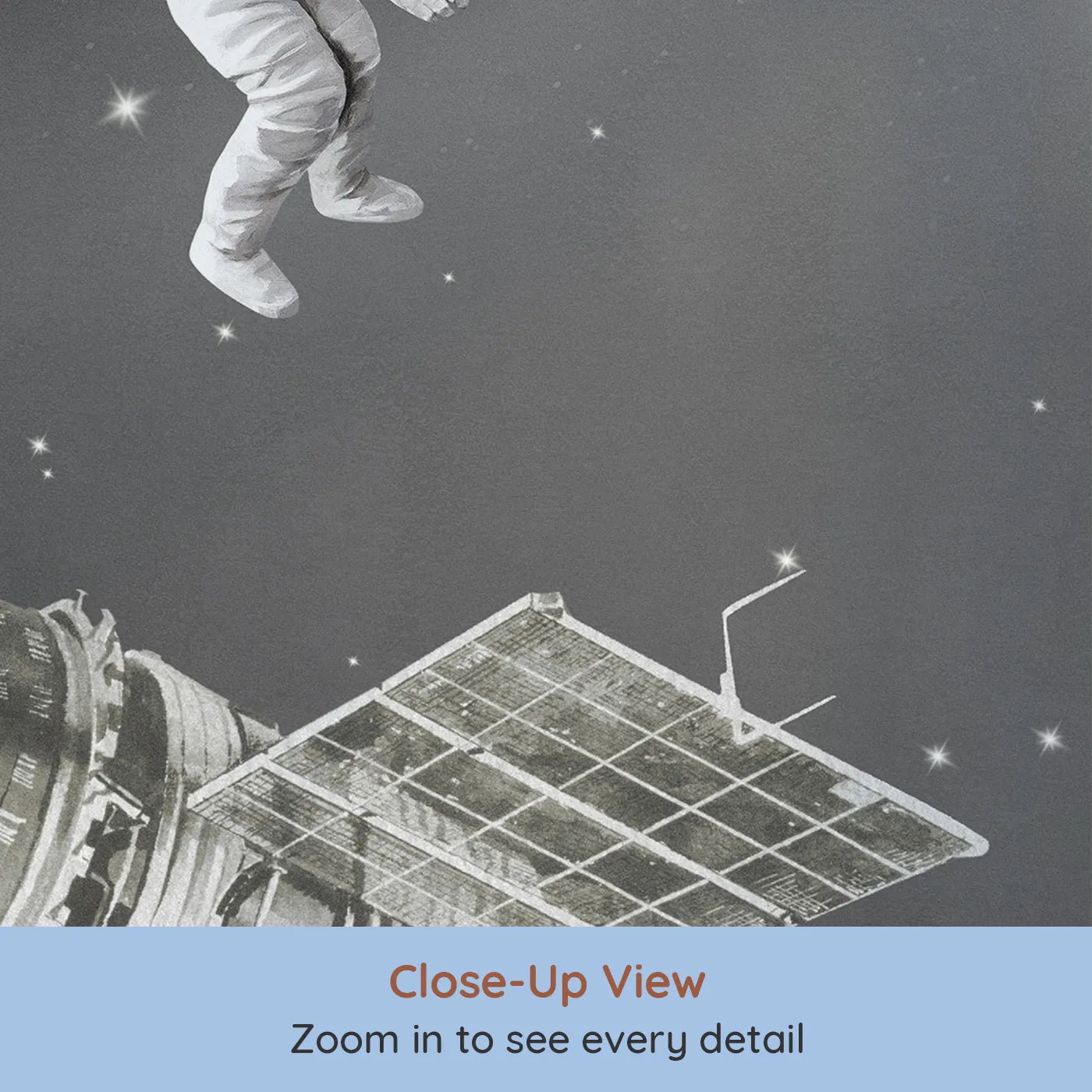 Close-up view of Whimsy Tots' Vintage Space Walk Wall Mural (Turn Their Room into an Epic, Old-School Space Mission).Gender-Neutral