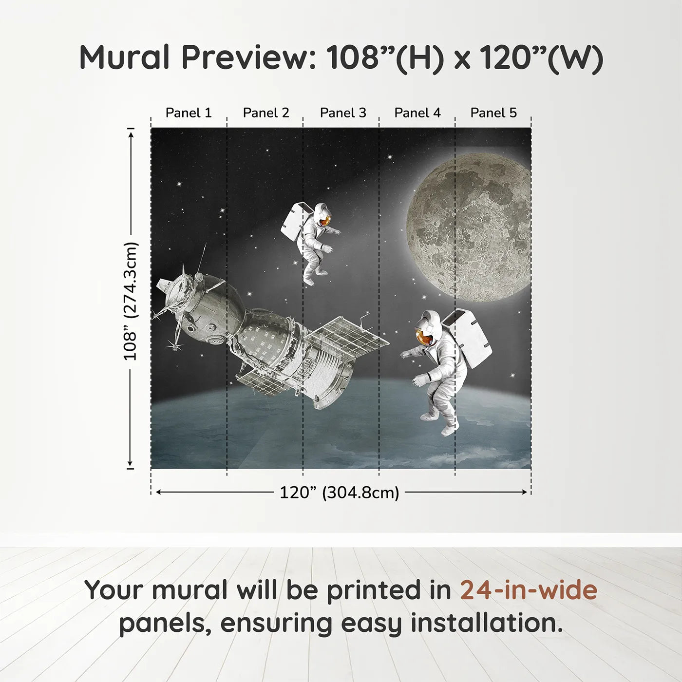 Whimsy Tots Vintage Space Walk Wall Muraldimension view (108" H x 120" W). Printed in five 24-inch-wide panels. Gender-Neutral