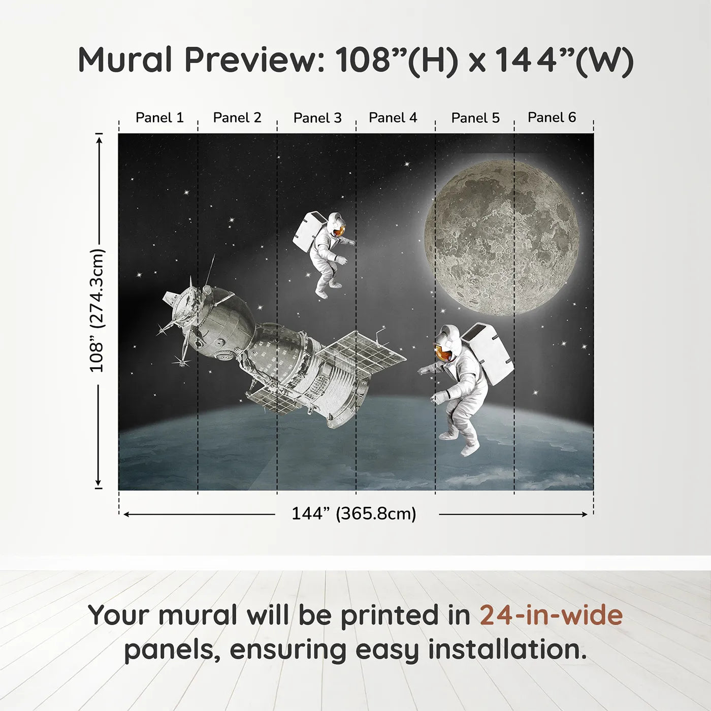 Whimsy Tots Vintage Space Walk Wall Muraldimension view (108" H x 144" W). Printed in six 24-inch-wide panels. Gender-Neutral
