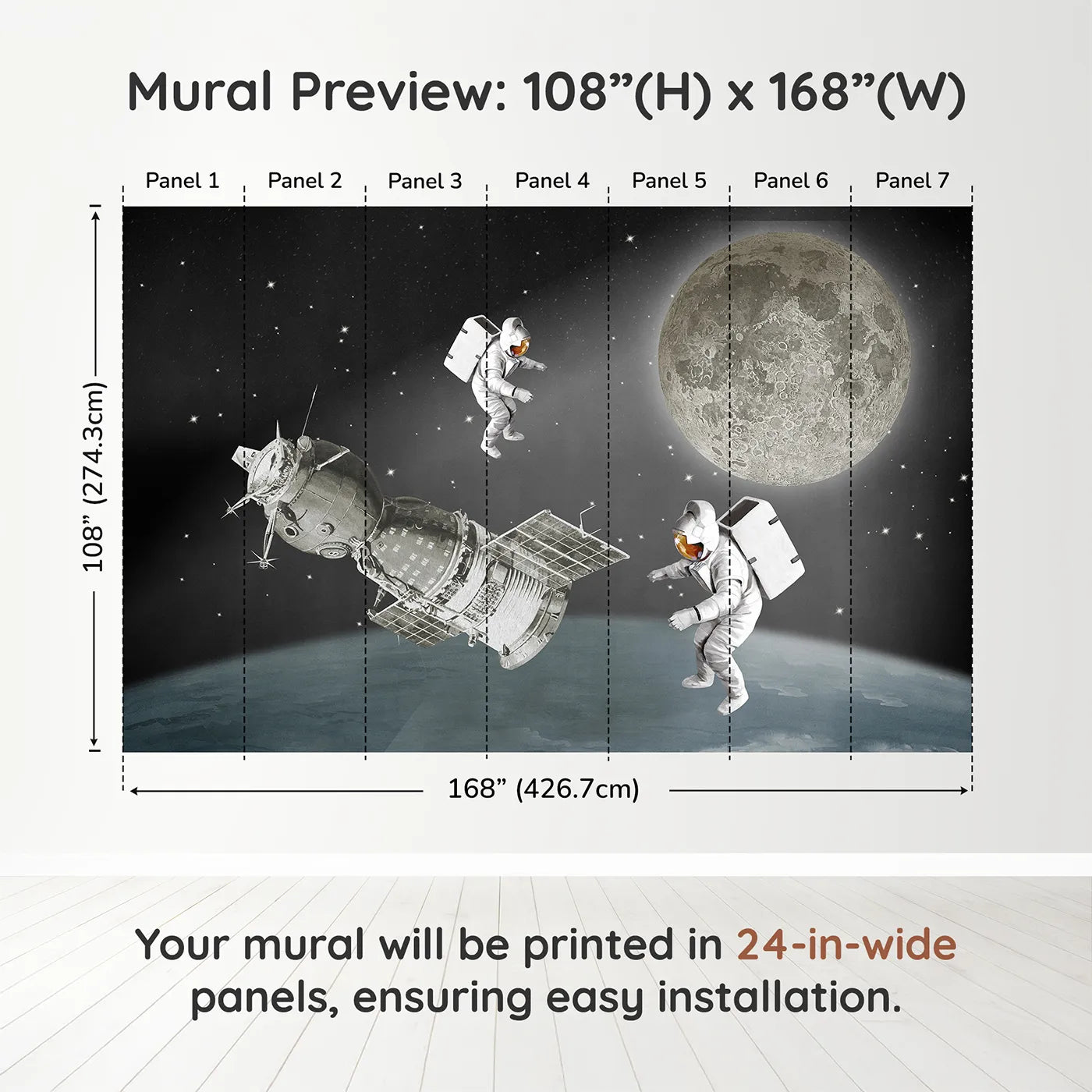 Whimsy Tots Vintage Space Walk Wall Muraldimension view (108" H x 168" W). Printed in seven 24-inch-wide panels. Gender-Neutral