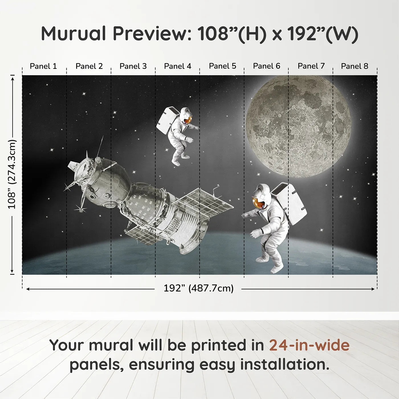Whimsy Tots Vintage Space Walk Wall Muraldimension view (108" H x 192" W). Printed in eight 24-inch-wide panels. Gender-Neutral