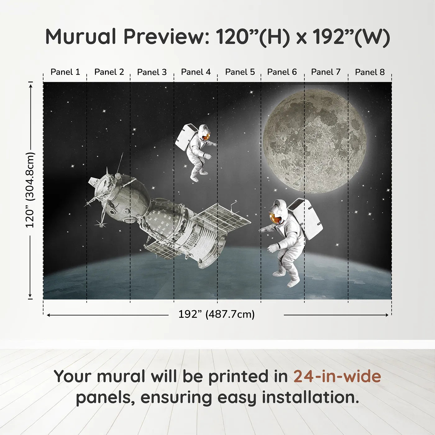 Whimsy Tots Vintage Space Walk Wall Muraldimension view (120" H x 192" W). Printed in eight 24-inch-wide panels. Gender-Neutral