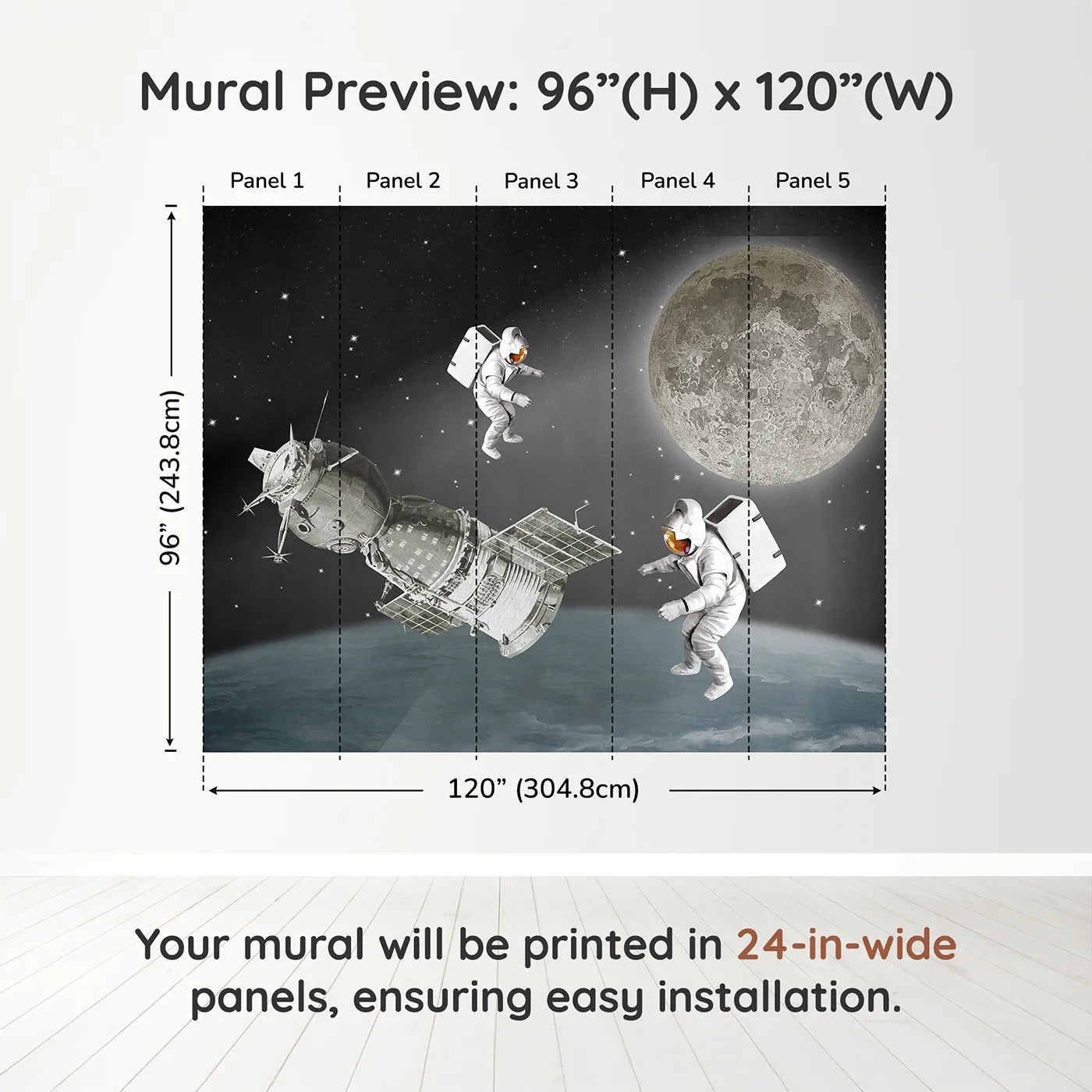 Whimsy Tots Vintage Space Walk Wall Muraldimension view (96" H x 120" W). Printed in five 24-inch-wide panels. Gender-Neutral