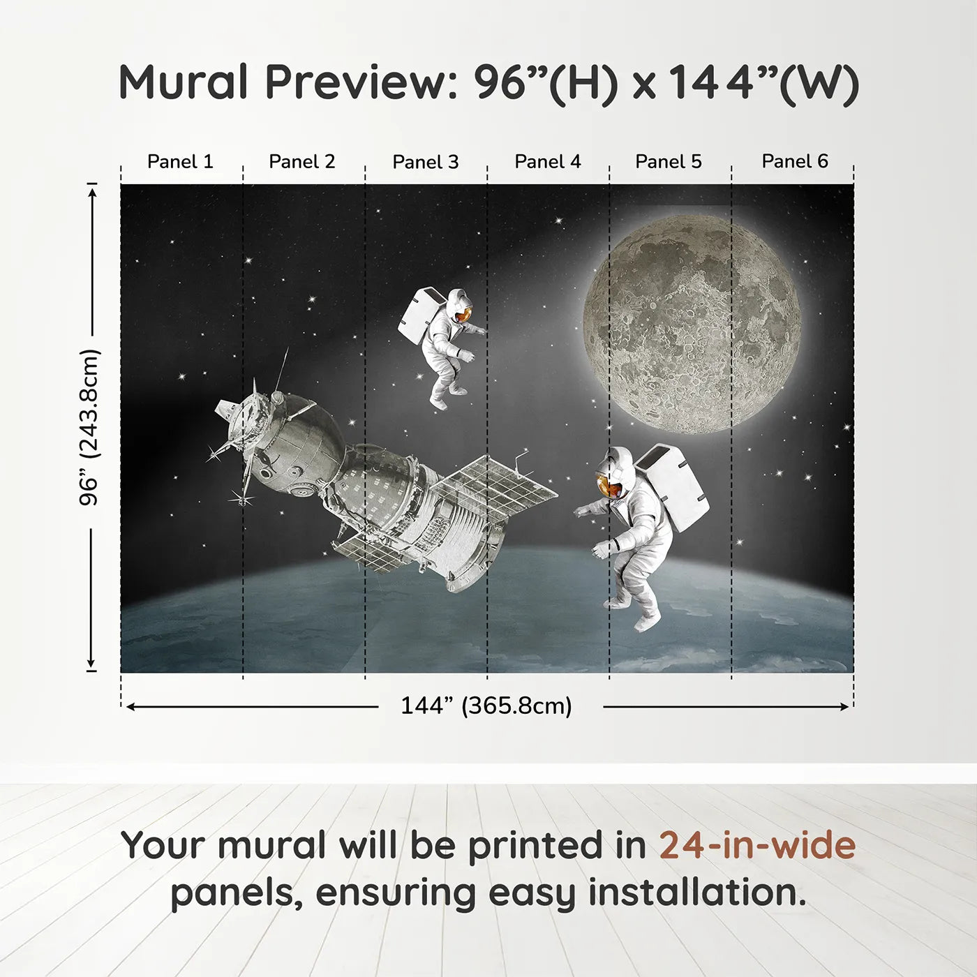 Whimsy Tots Vintage Space Walk Wall Muraldimension view (96" H x 144" W). Printed in six 24-inch-wide panels. Gender-Neutral