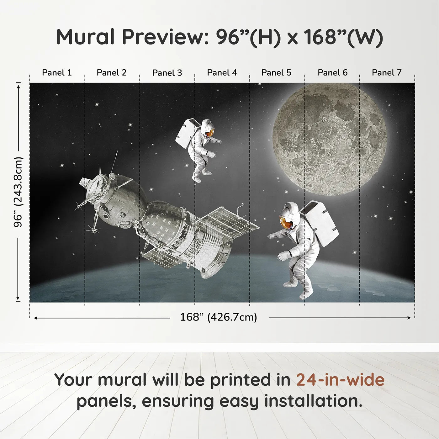 Whimsy Tots Vintage Space Walk Wall Muraldimension view (96" H x 168" W). Printed in seven 24-inch-wide panels. Gender-Neutral
