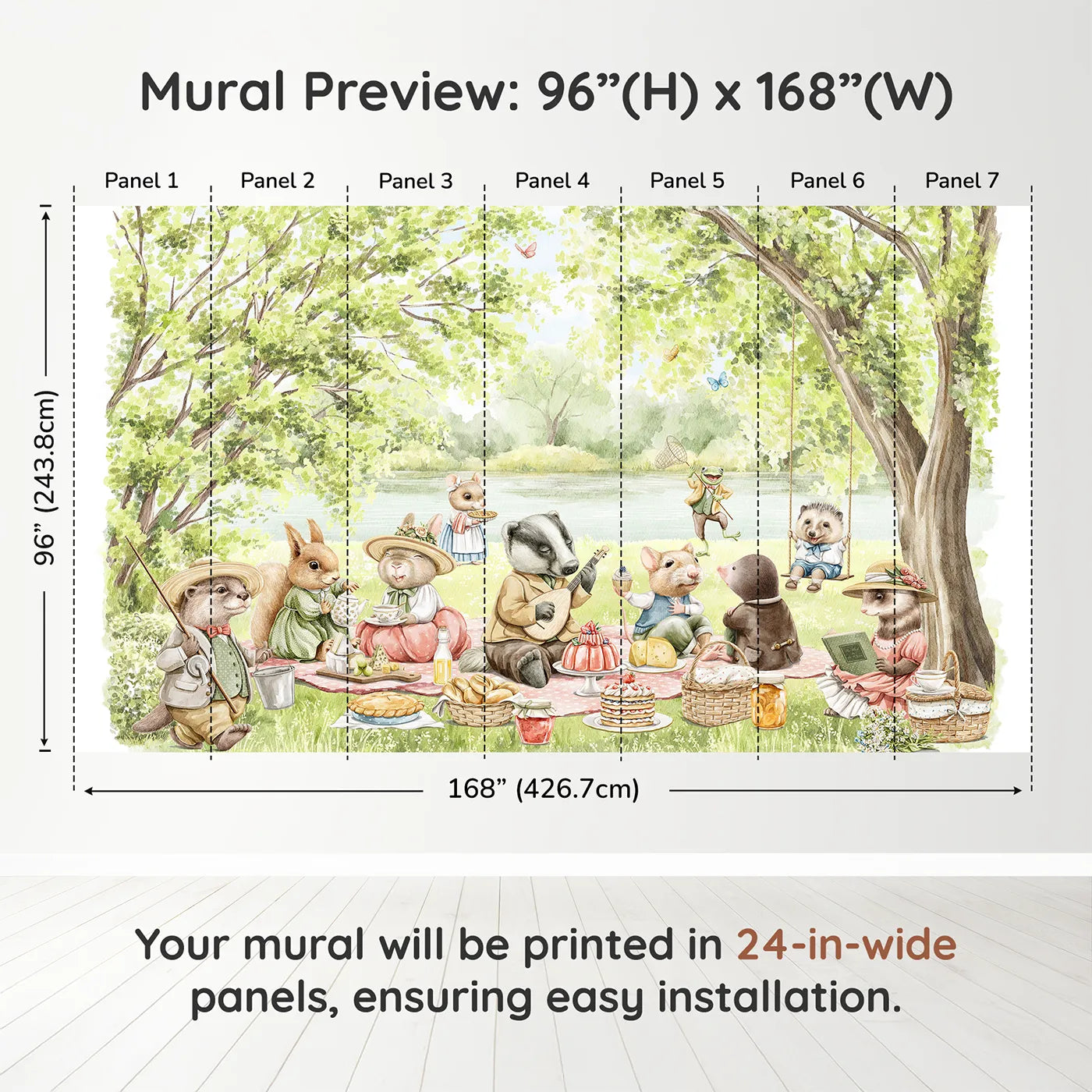 Whimsy Tots Woodland Friends Picnic Wall Muraldimension view (96" H x 168" W). Printed in seven 24-inch-wide panels. Gender-Neutral