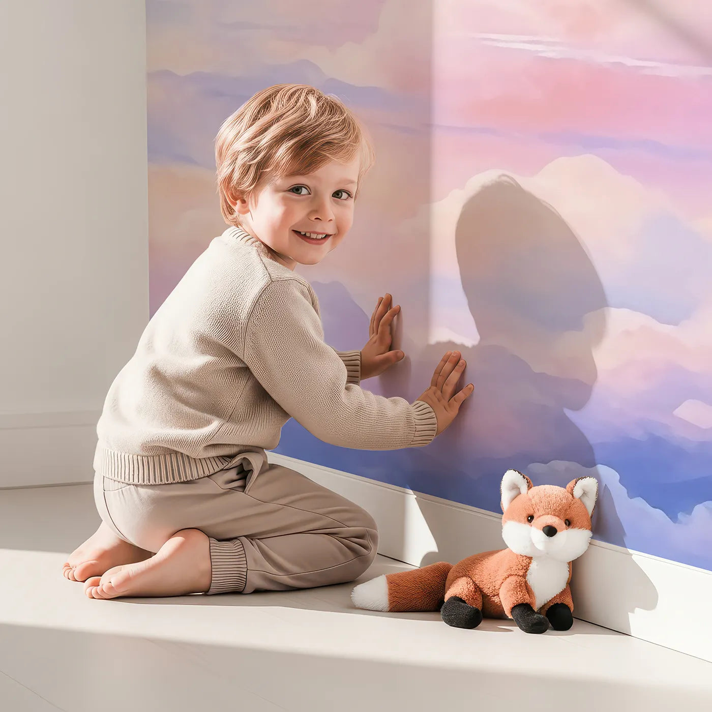 Child in front of Whimsy Tots Anime Sky Wall Mural with sky, cloud, anime, pink, blue, painterly, dreamy, sunset in design.