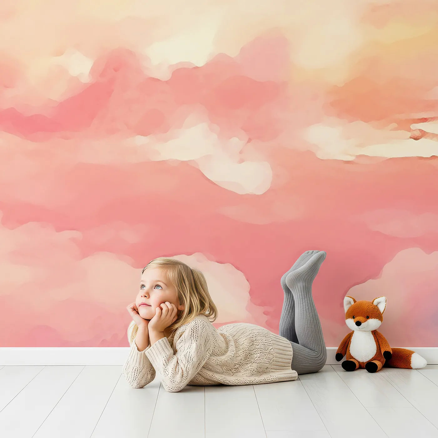 Child in front of Whimsy Tots Anime Sunset Flight Wall Mural with sky, cloud, airplane, anime, pink, sunset, painterly, dreamy in design.