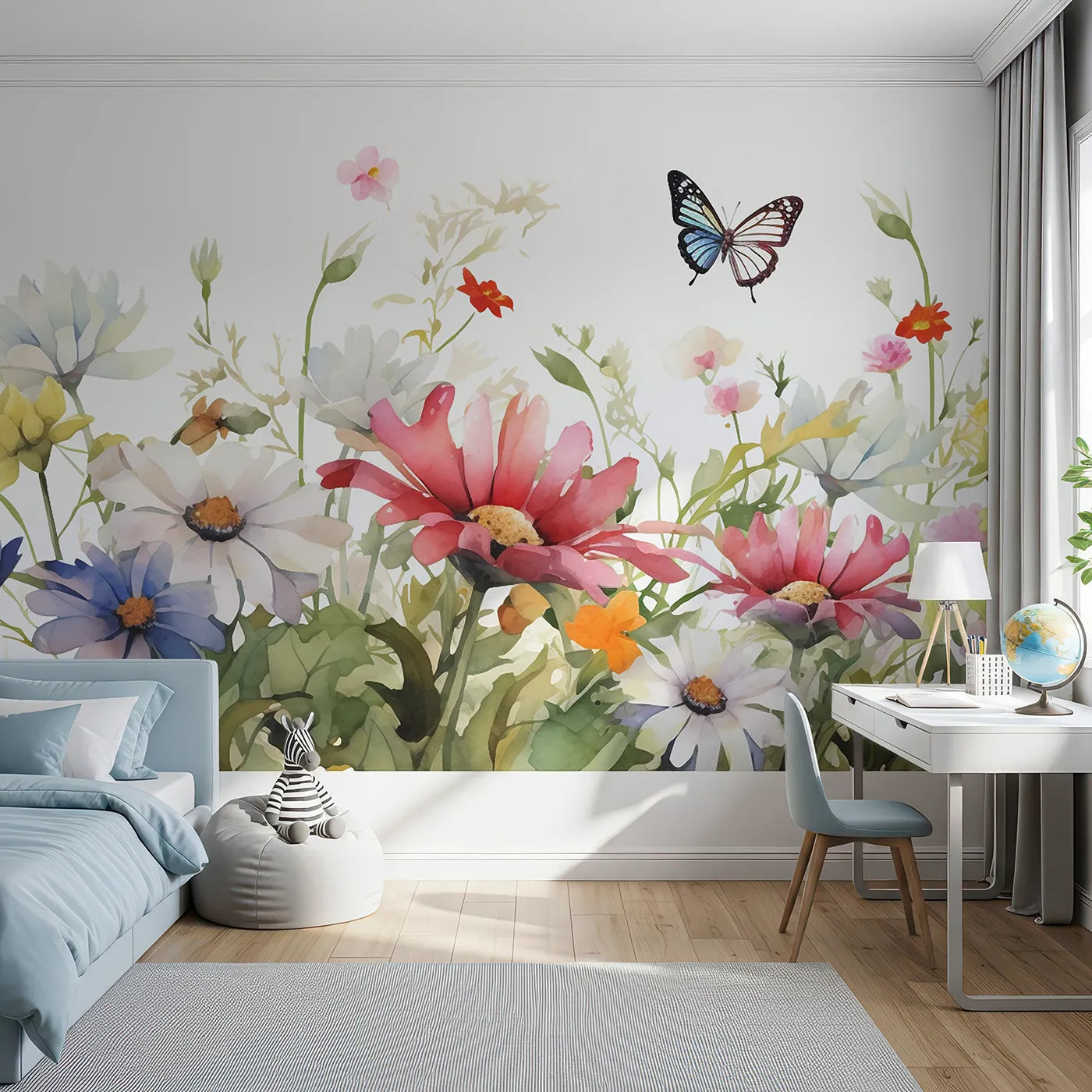 Front view of Whimsy Tots' Watercolor Wildflower Border Wall Mural