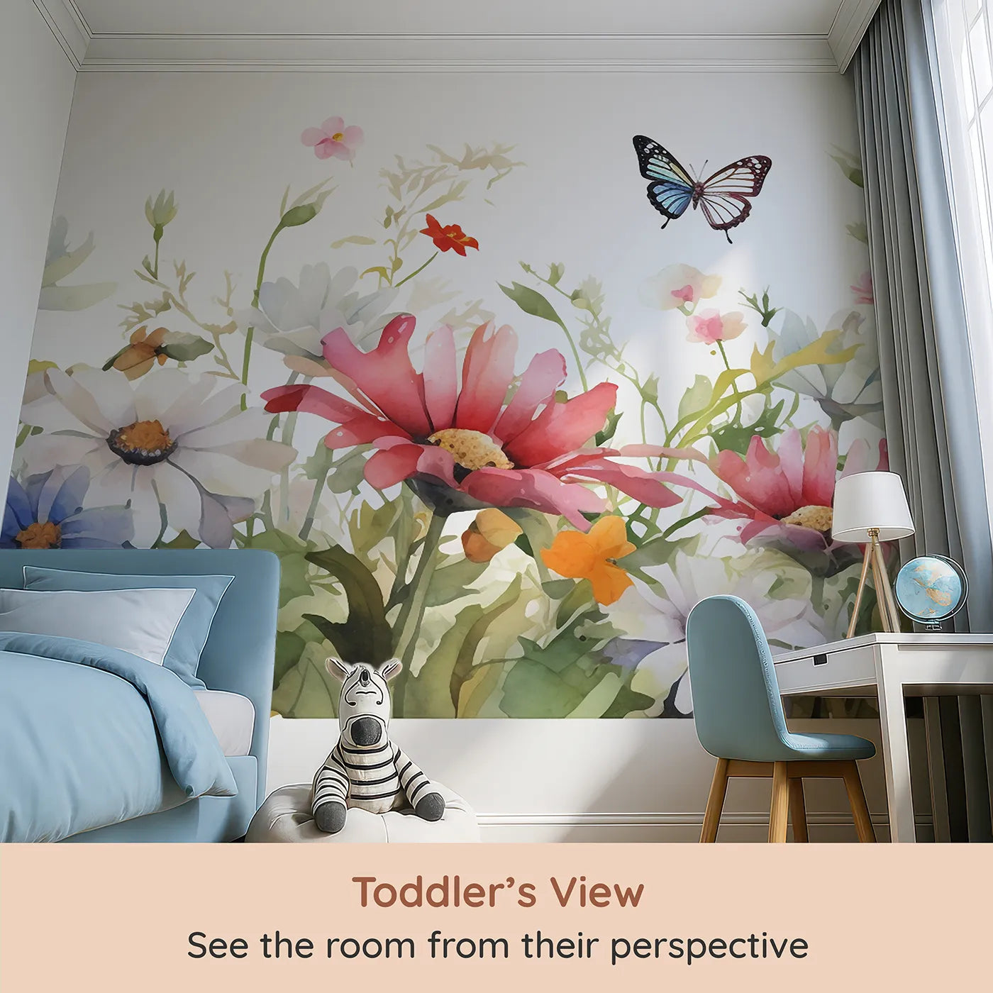 Whimsy Tots Watercolor Wildflower Border Wall Mural (Turn Their Room into a Meadow of Delicate, Painted Flowers) from your child's view.Gender-Neutral