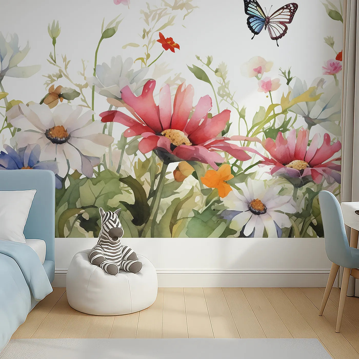 Top-down view of Whimsy Tots' Watercolor Wildflower Border Wall Mural (Turn Their Room into a Meadow of Delicate, Painted Flowers).Gender-Neutral