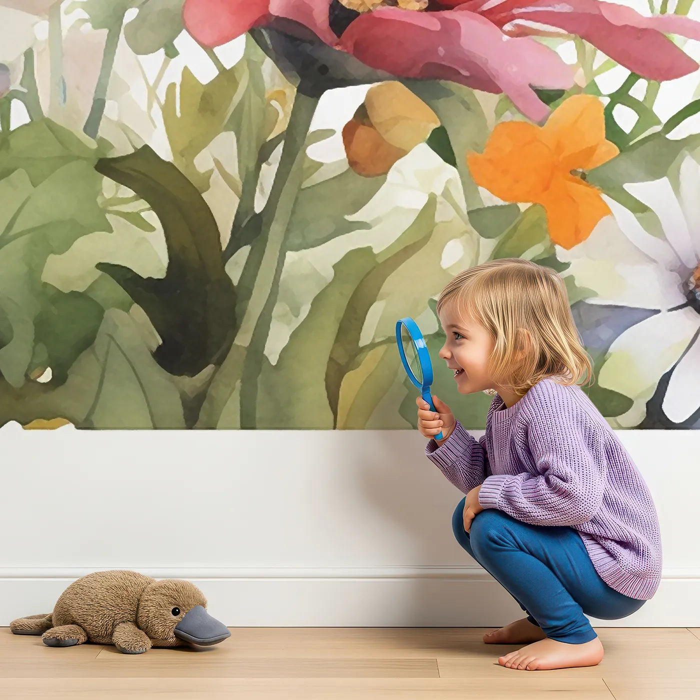 Child in front of Whimsy Tots Watercolor Wildflower Border Wall Mural with flower, wildflower, watercolor, butterfly, garden, colorful, border, nature in design.