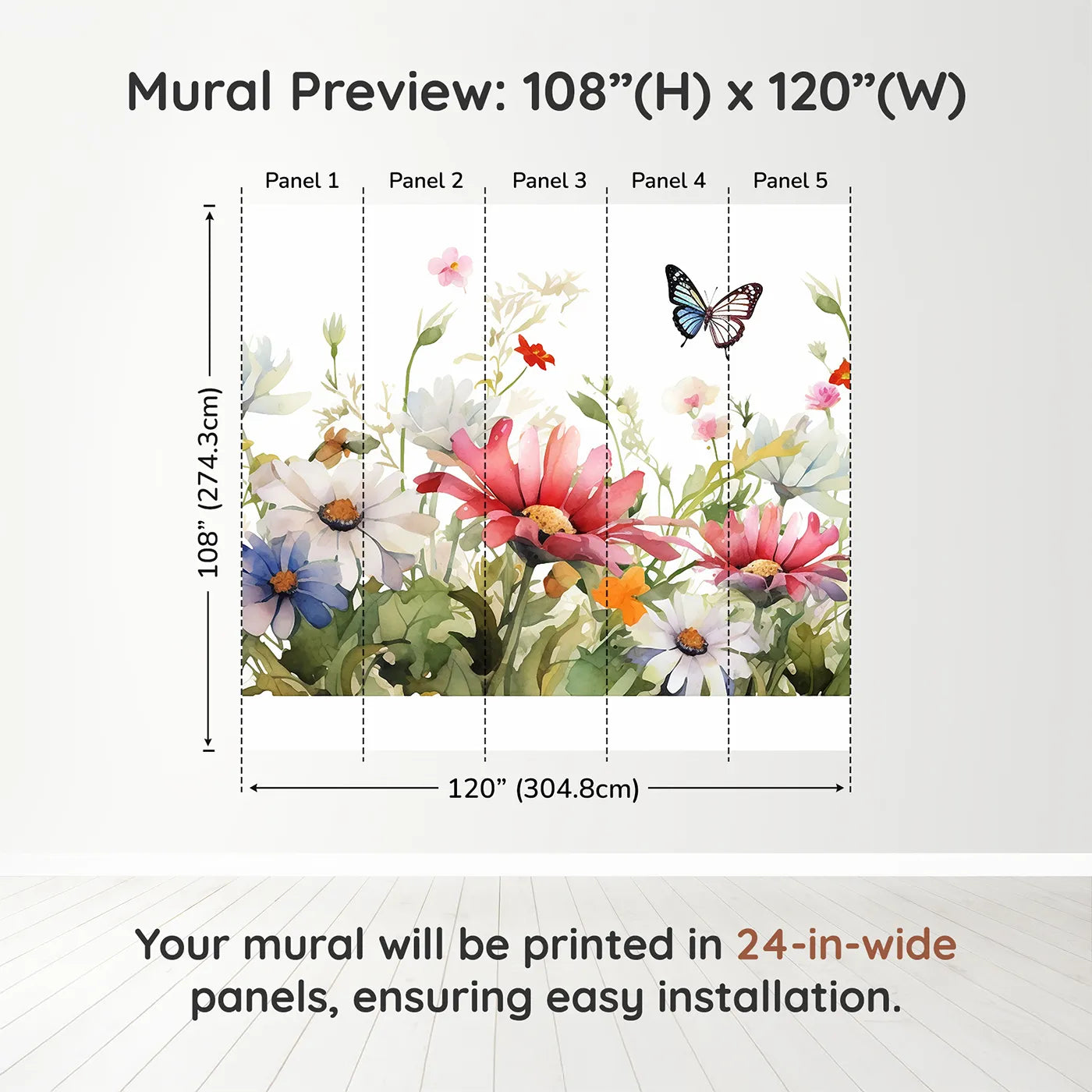 Whimsy Tots Watercolor Wildflower Border Wall Muraldimension view (108" H x 120" W). Printed in five 24-inch-wide panels. Gender-Neutral