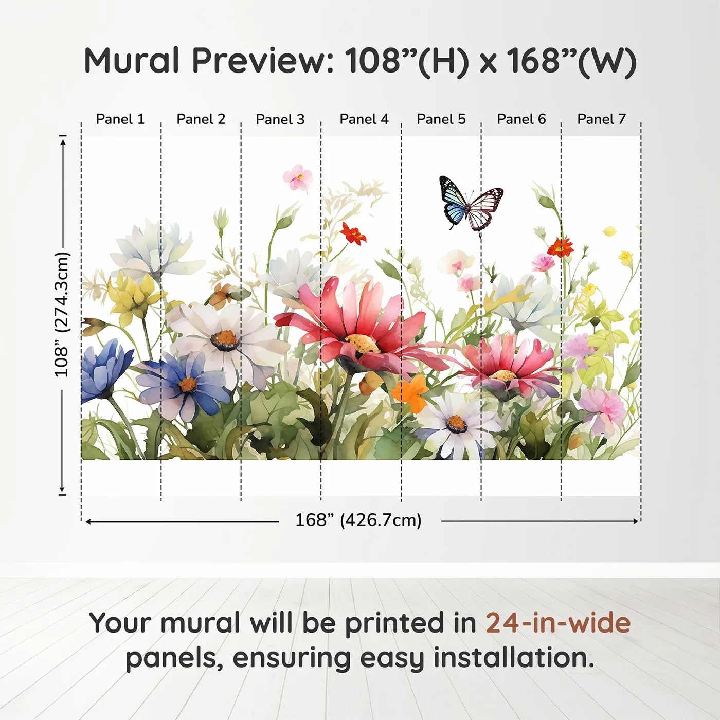 Whimsy Tots Watercolor Wildflower Border Wall Muraldimension view (108" H x 168" W). Printed in seven 24-inch-wide panels. Gender-Neutral