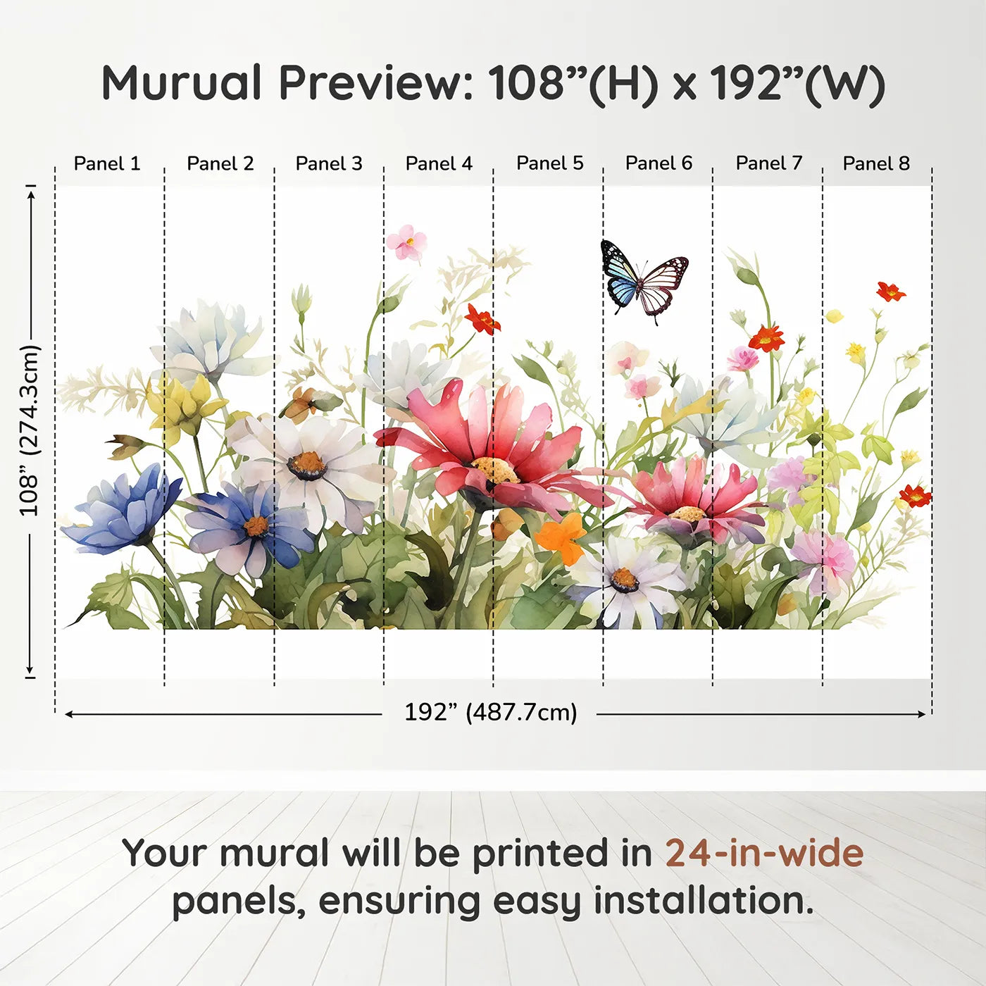 Whimsy Tots Watercolor Wildflower Border Wall Muraldimension view (108" H x 192" W). Printed in eight 24-inch-wide panels. Gender-Neutral