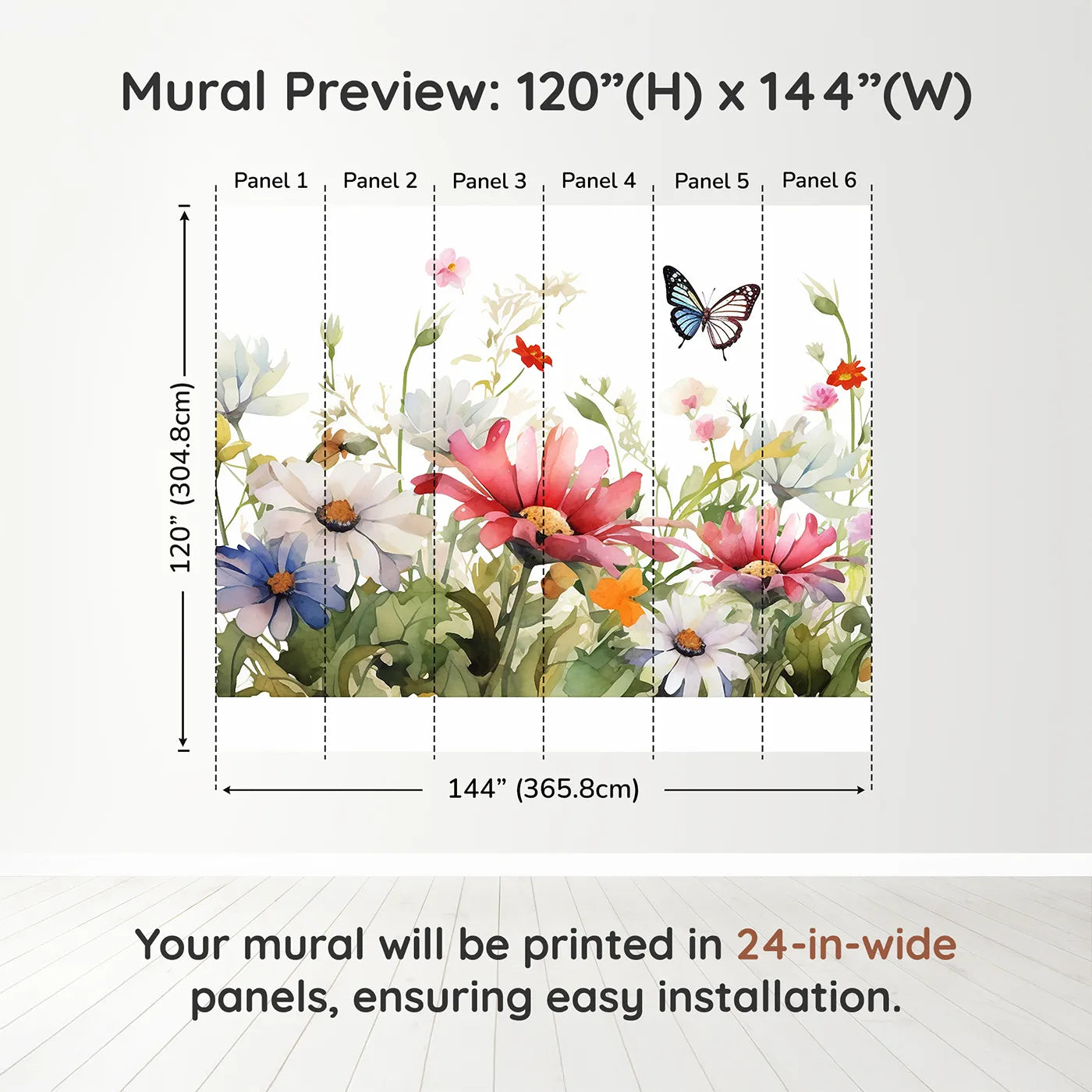 Whimsy Tots Watercolor Wildflower Border Wall Muraldimension view (120" H x 144" W). Printed in six 24-inch-wide panels. Gender-Neutral