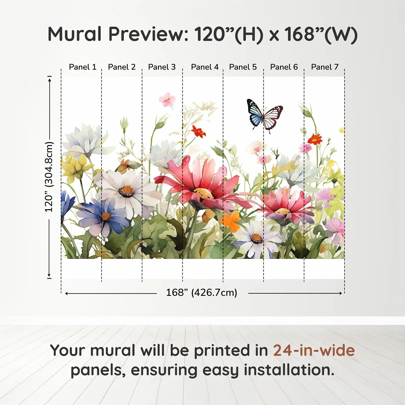 Whimsy Tots Watercolor Wildflower Border Wall Muraldimension view (120" H x 168" W). Printed in seven 24-inch-wide panels. Gender-Neutral