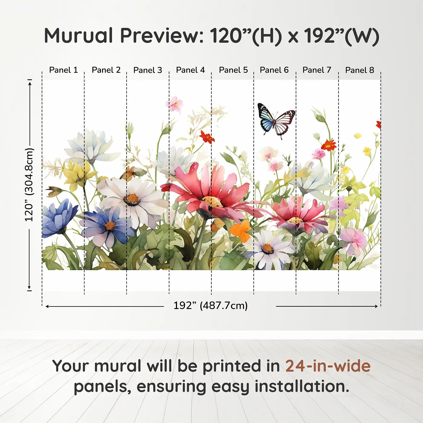 Whimsy Tots Watercolor Wildflower Border Wall Muraldimension view (120" H x 192" W). Printed in eight 24-inch-wide panels. Gender-Neutral