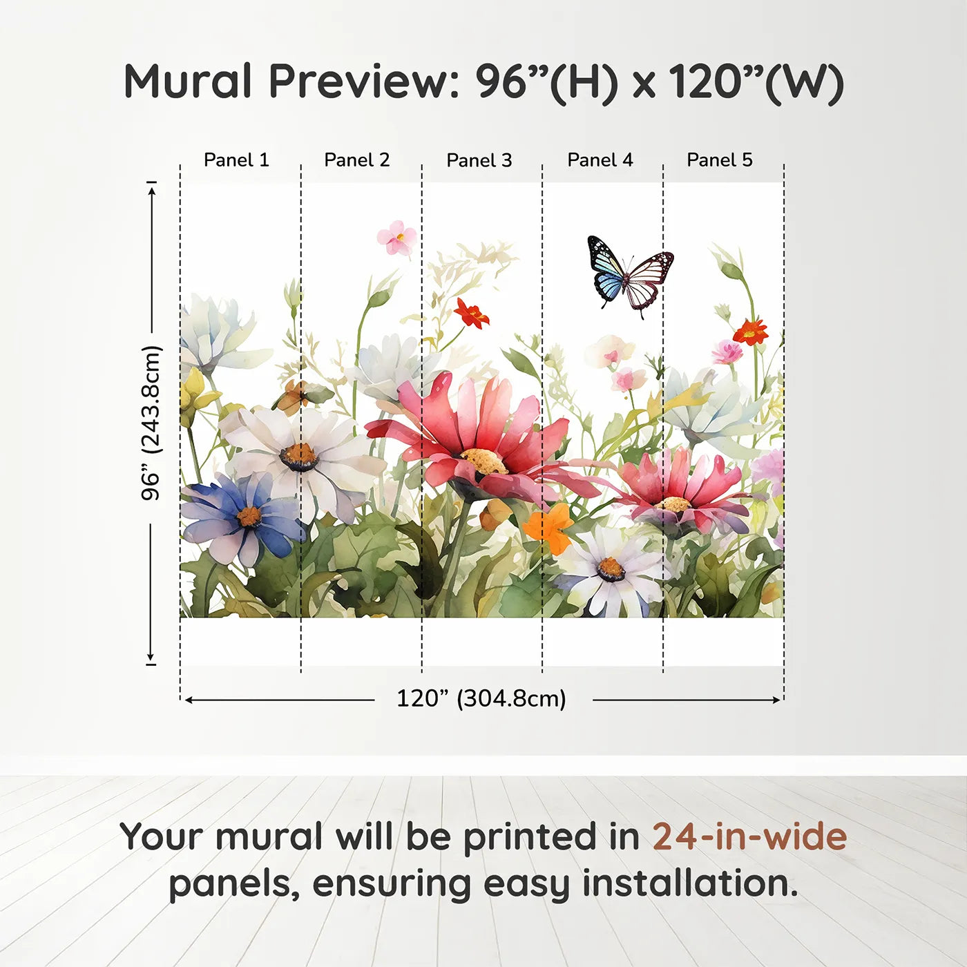 Whimsy Tots Watercolor Wildflower Border Wall Muraldimension view (96" H x 120" W). Printed in five 24-inch-wide panels. Gender-Neutral
