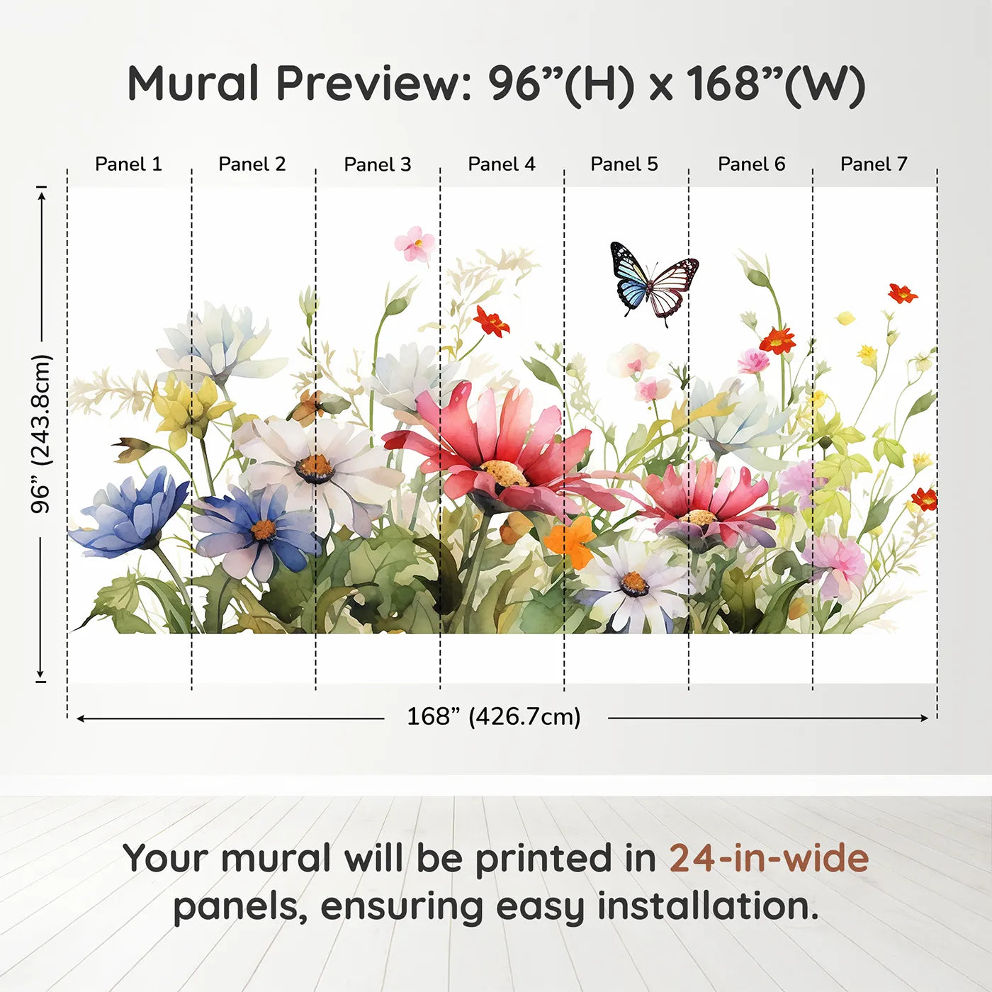 Whimsy Tots Watercolor Wildflower Border Wall Muraldimension view (96" H x 168" W). Printed in seven 24-inch-wide panels. Gender-Neutral
