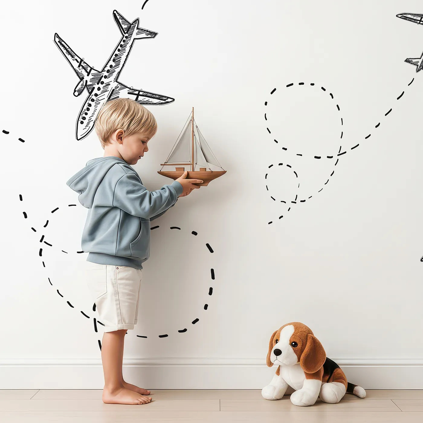 Child in front of Whimsy Tots Flying High Wall Mural with airplane, plane, sketch, black and white, pattern, travel, flight path, doodle in design.