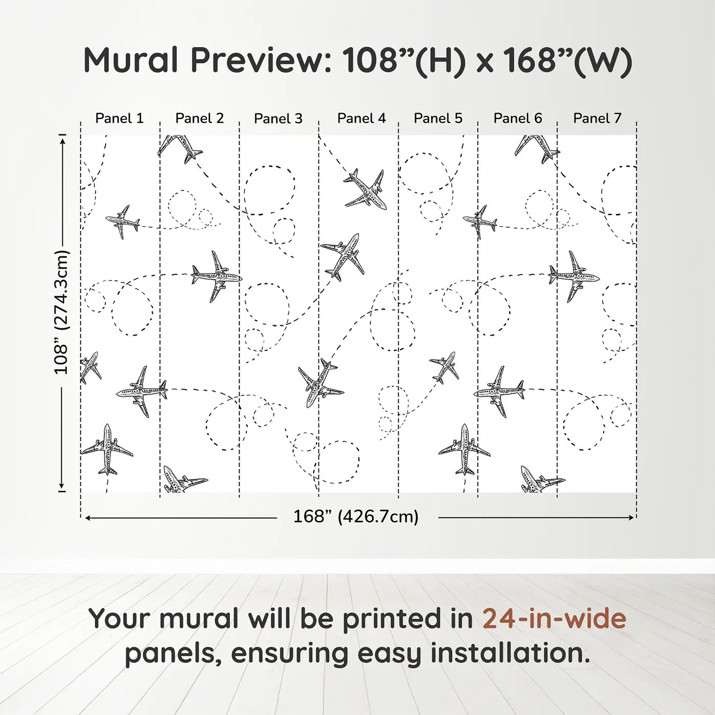 Whimsy Tots Flying High Wall Muraldimension view (108" H x 168" W). Printed in seven 24-inch-wide panels. Gender-Neutral
