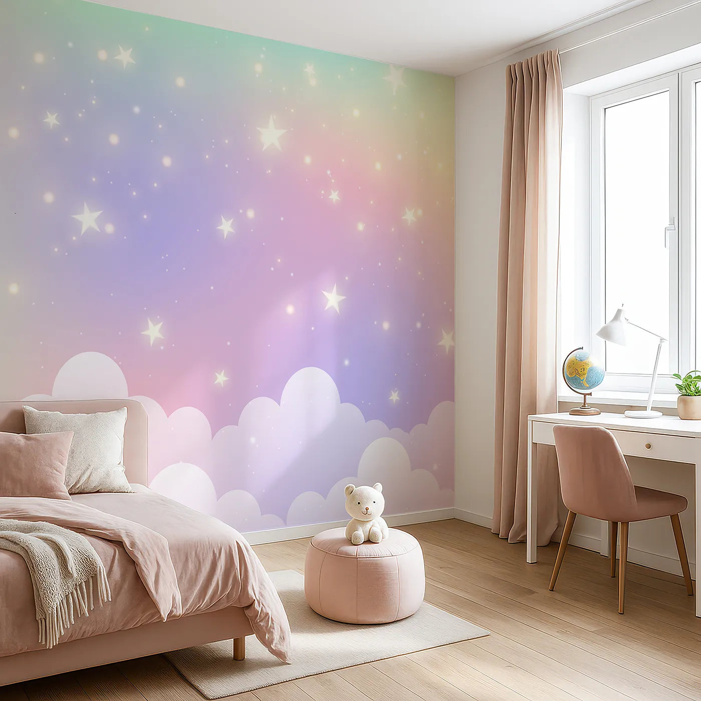 Angled view of Whimsy Tots' Pastel Rainbow Starry Sky Wall Mural (Turn Their Room into the Sweetest, Most Magical Dreamscape).Gender-Neutral