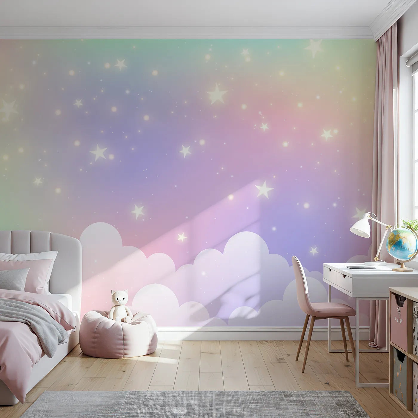 Front view of Whimsy Tots' Pastel Rainbow Starry Sky Wall Mural