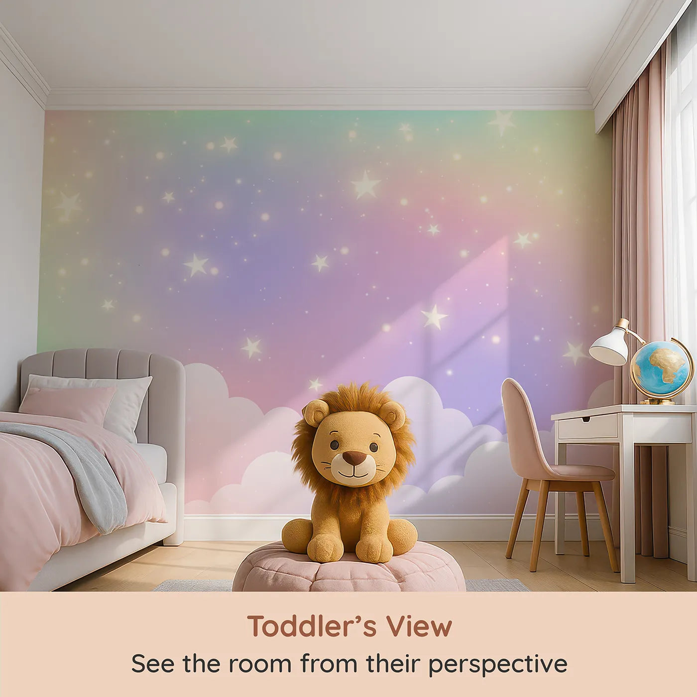Whimsy Tots Pastel Rainbow Starry Sky Wall Mural (Turn Their Room into the Sweetest, Most Magical Dreamscape) from your child's view.Gender-Neutral