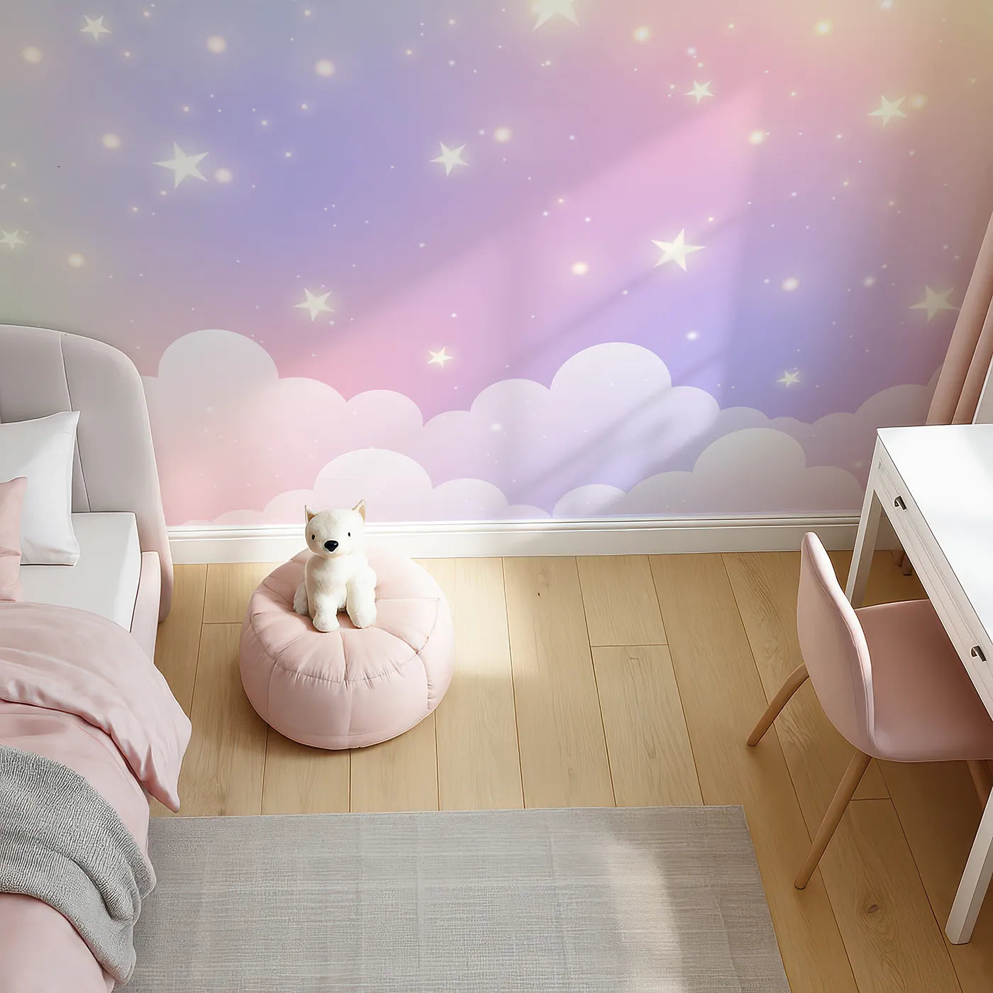 Top-down view of Whimsy Tots' Pastel Rainbow Starry Sky Wall Mural (Turn Their Room into the Sweetest, Most Magical Dreamscape).Gender-Neutral