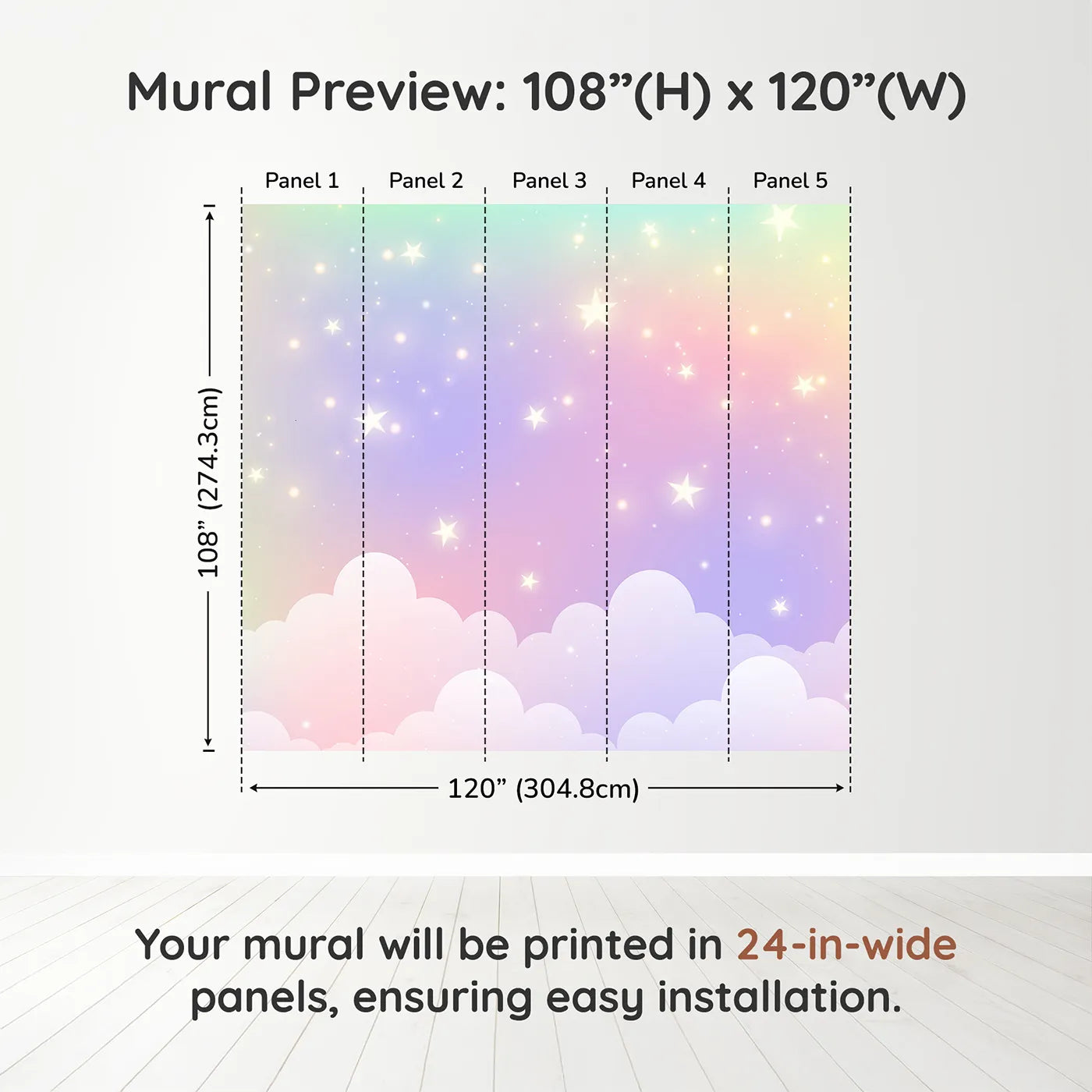 Whimsy Tots Pastel Rainbow Starry Sky Wall Muraldimension view (108" H x 120" W). Printed in five 24-inch-wide panels. Gender-Neutral