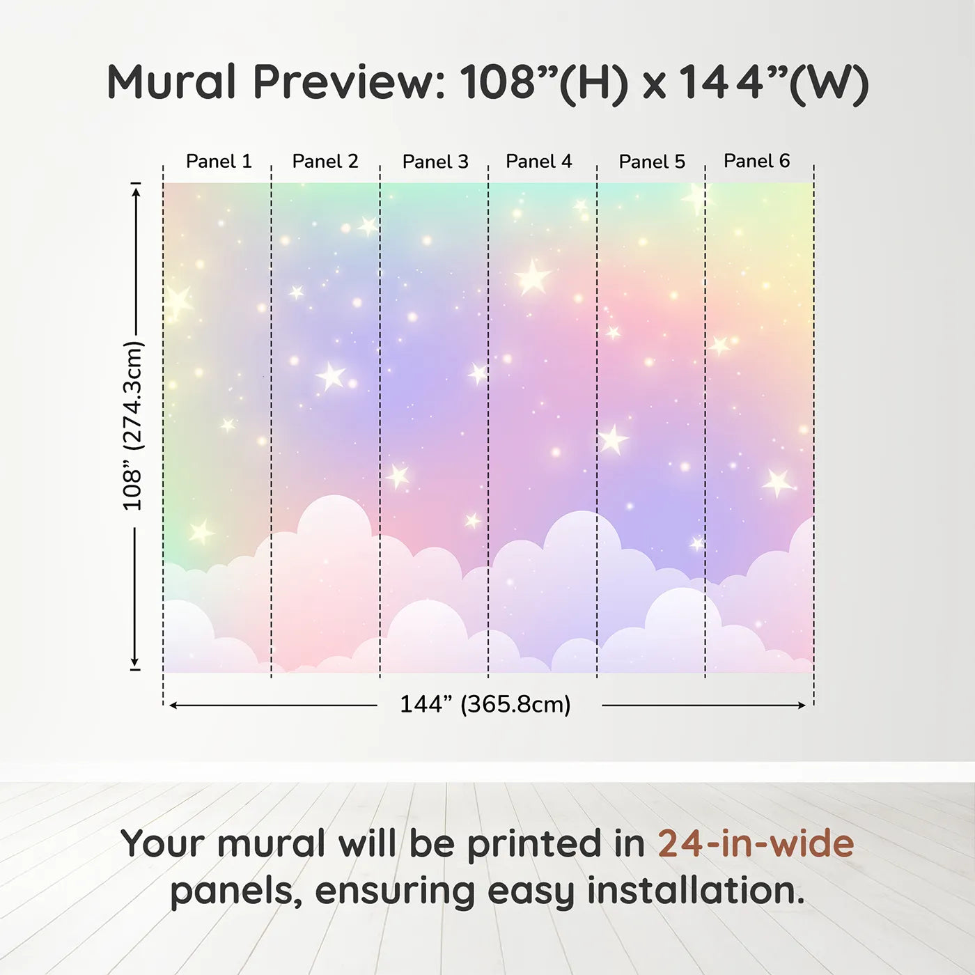 Whimsy Tots Pastel Rainbow Starry Sky Wall Muraldimension view (108" H x 144" W). Printed in six 24-inch-wide panels. Gender-Neutral